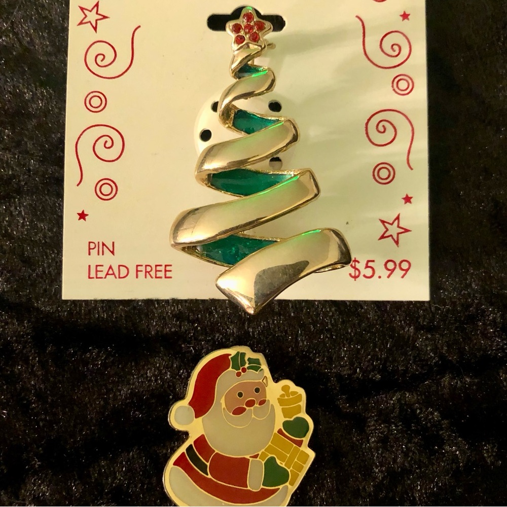 Vintage Gold Tone Pin Lot- Christmas, Holiday, Tree, Santa, Festive